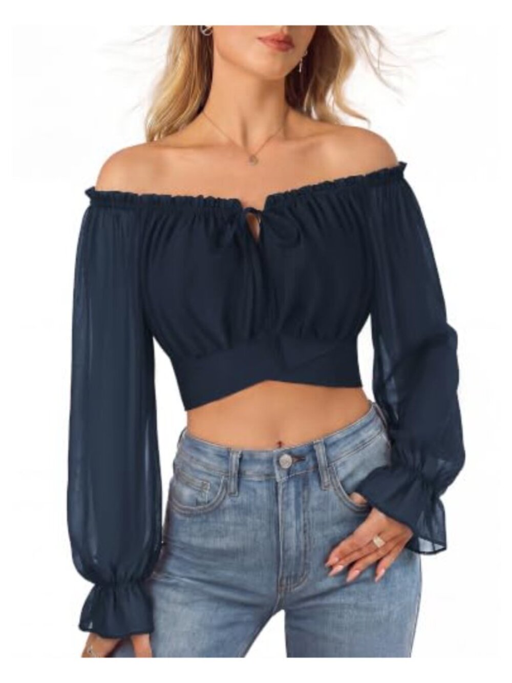 Women's Off Shoulder Crop Blouse Long Sleeve Chiffon Peasant Top
